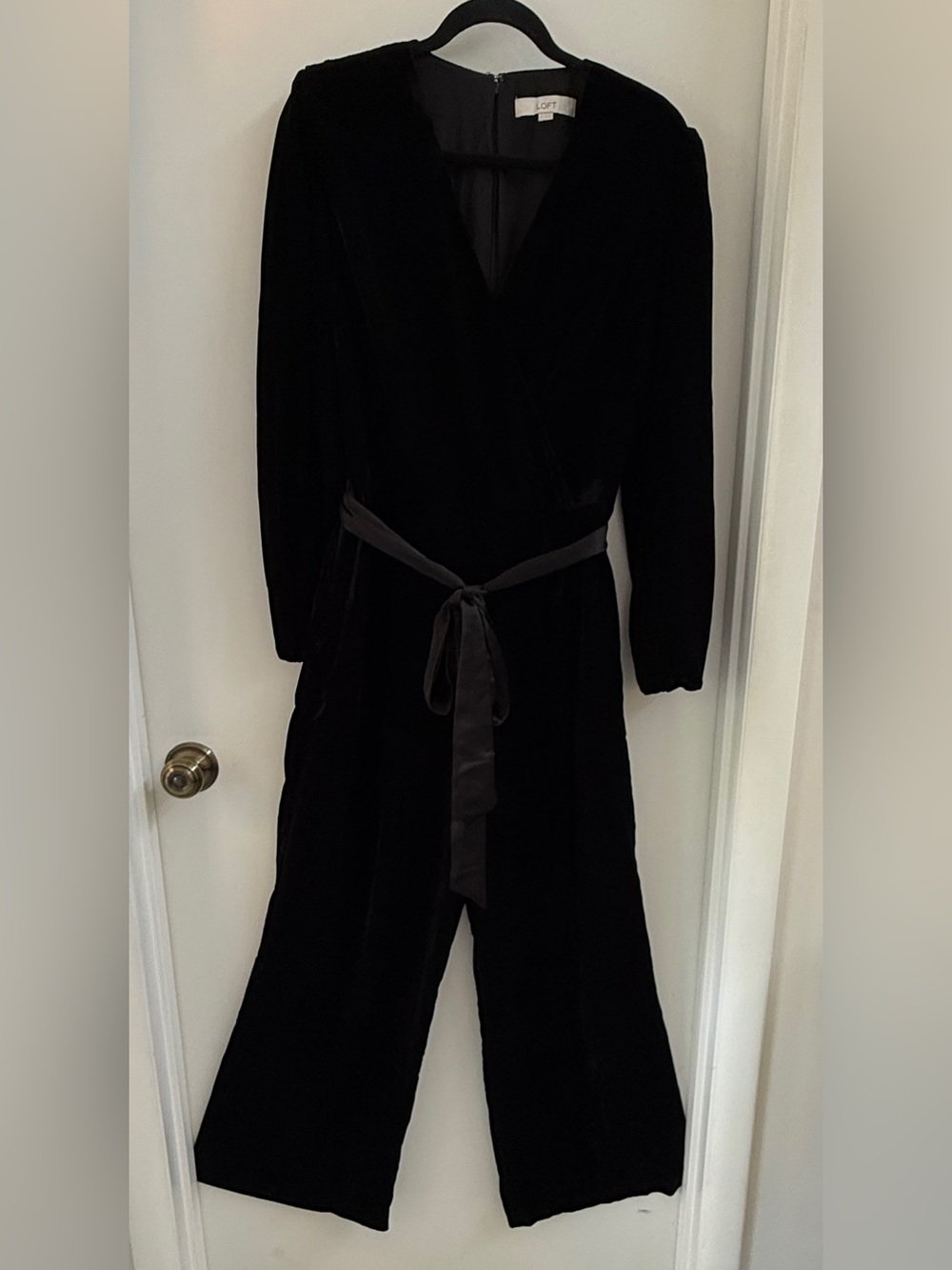 LOFT Black Velvet Wrap Jumpsuit with Sash Belt